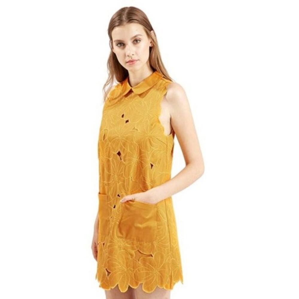 Topshop Yellow Floral Cutout Mini Dress Size 8 Mod Retro Collared Sleeveless